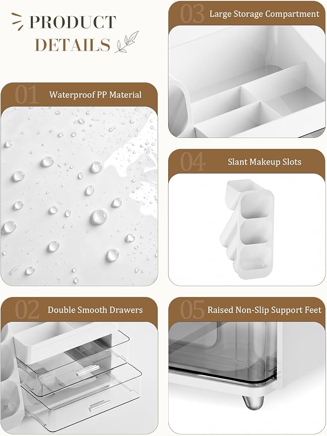 Makeup Organizer for Vanity - Large Skincare Organizers Countertop, Cosmetic Organizer with Brush Holder and 2 Drawer, Makeup Storage for Lipsticks, Nail Polishes, Eyeshadow Palettes, White - Image 2