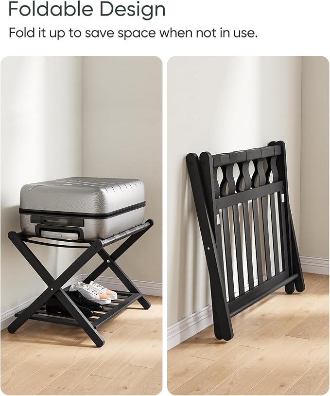 Smart FENDEE Fully Assembled Black Luggage Rack, Suitcase Stand with Shoe Shelf, Folding Wooden Luggage Stand for Guest Room, Bedroom, Hotel - Image 3