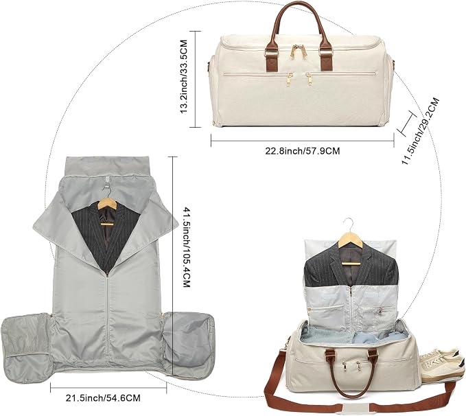 seyfocnia Carry On Garment Bag for Women, Convertible Travel Garment Bag, 2 in 1 Hanging Suitcase Suit Business Travel Bag Overnight Bag, White Brown - Image 2