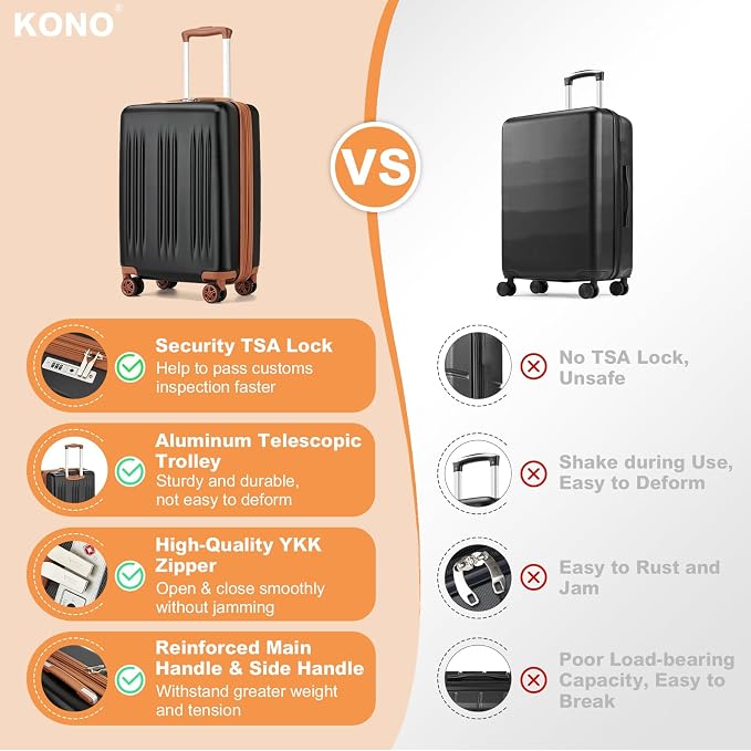 Kono Carry On Luggage 22x14x9 Airline Approved 20 Inch Expandable Suitcase | Lightweight Luggage with Quiet Spinner Wheels & TSA Lock, PC+ABS Hard Shell Suitcase for 1-3 Days Travel, Black & Brown - Image 7