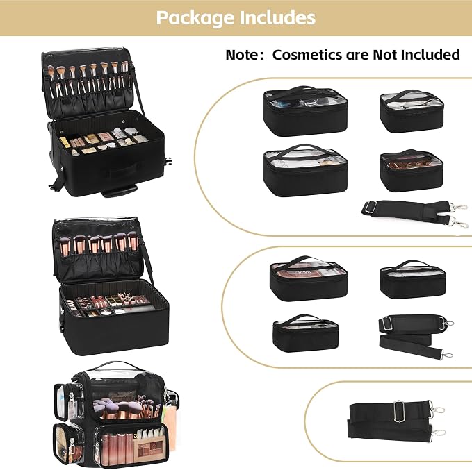 TANTO Rolling Makeup Train Case, Makeup Brushes Holder Extra Large Cosmetology Case on Wheels Professional Salon Travel Cosmetic Organizer for Makeup Artists with 7 Pouches & Swivel Wheels - Image 3
