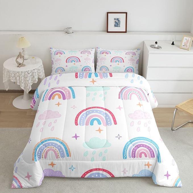Rainbow Comforter Set For Kids, Pink Love Heart Duvet Insert Queen Size, Kawaii Clouds Quilted Duvet For Girls Boys Children Bedroom Decor, Hand Drawn Iridescent Stripes Quilt, White Pink Blue - Image 2