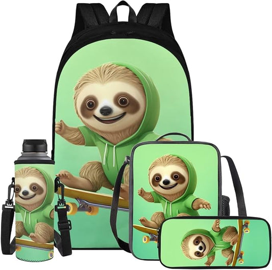 Skateboard Sloth Backpack for Boys Girls Backpack with Lunch Box Water Bottle Holder and Soft Pencil Case 4PCS Set Bookbag with Compartments for School 17 inch Sturdy School Bag for Kids by ELEDIZI