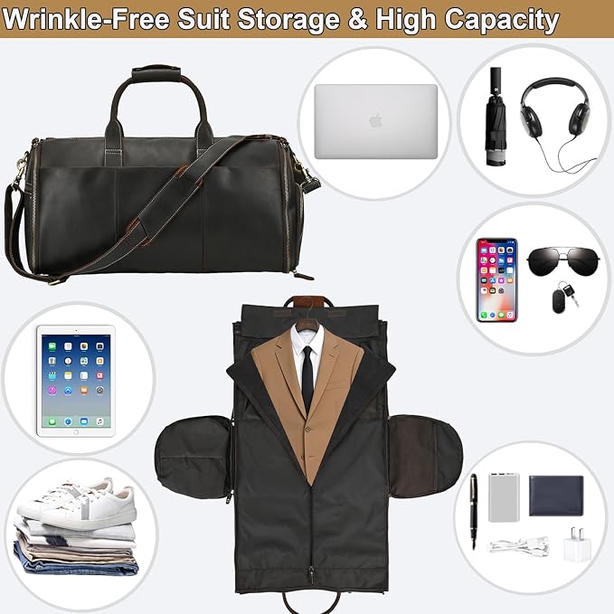 Full Grain Genuine Leather 2 in 1 Garment Dufflel Bag for Men Foldable Suit Carrier with Independent Shoe Compartment, Large Capacity Weekender Travel Bag for Business Trips, Dark Brown - Image 7