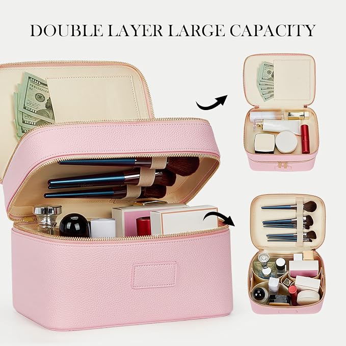 HiTotes Large Makeup Bag Duo Vanity Case for Women Leather Makeup Case Travel Toiletry Bag Portable Double Layer Cosmetic Bag - Image 4
