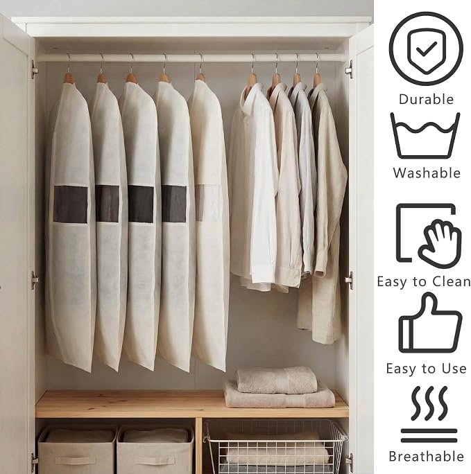 Aliceset 6 Pcs 32 Inches Cotton Garment Bags for Hanging Clothes, Canvas Suit Bags for Clothes Coats Jackets Shirts Closet Storage Travel Gusseted Hanging Garment Cover - Image 3