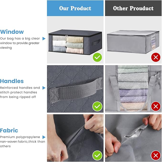 HomeHacks Storage 4-Pack Clothes Organizer Storage Bags Foldable Storage Box with Large Clear Window Sturdy Handles for Closet, Dorm, Pillows, Bedding, Clothes, Stuffed Toys, Blankets, Grey - Image 4