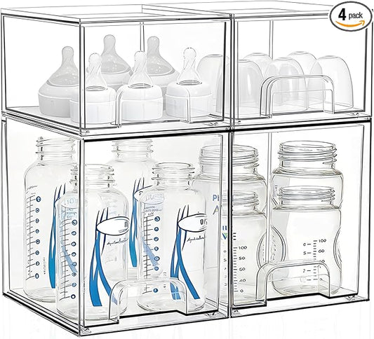 Baby Bottle Storage Organizer: Clear Stackable Storage Drawers, Acrylic Bottles Station Organizer Container for Countertop, Vanity, Bathroom, Cabinet Organization - 4 Pack by Saccik