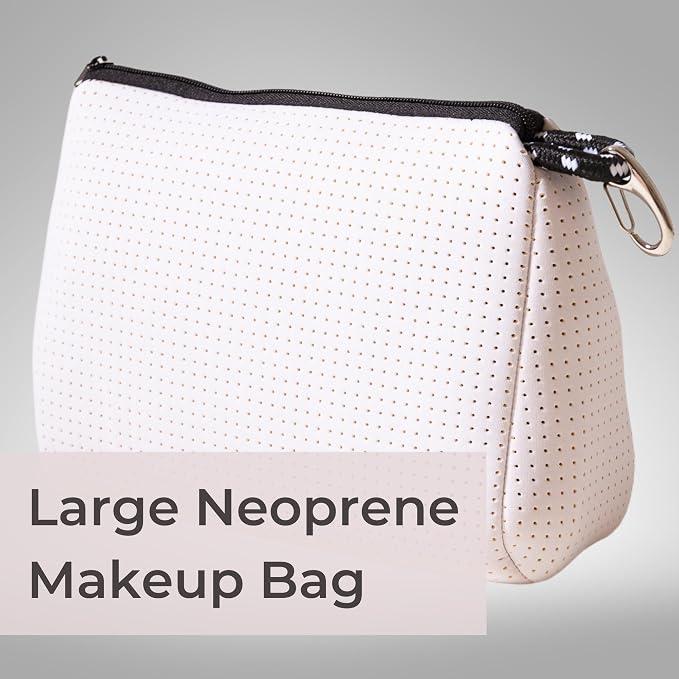 POPUPS Large Makeup Bag with Zipper, White - Waterproof Neoprene Cosmetic Bag 7.7 x 10.75 x 5 inches - Image 2