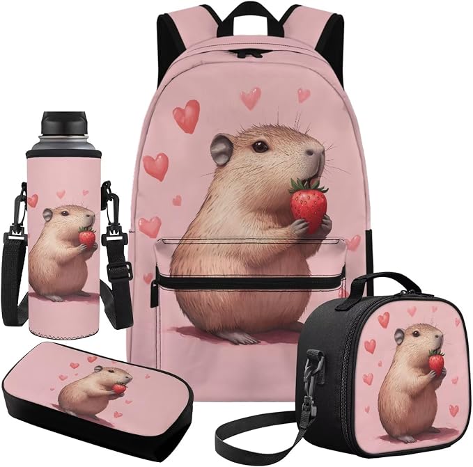 Adorable Capybara Backpacks for 5th Grade Girls, Pink Backpack and Lunch Box for Girls Kids Travel Sports Bookbag Lightweight, 4-Piece School Essentials Set for for 6-8 8-10 Year Olds - Image 2