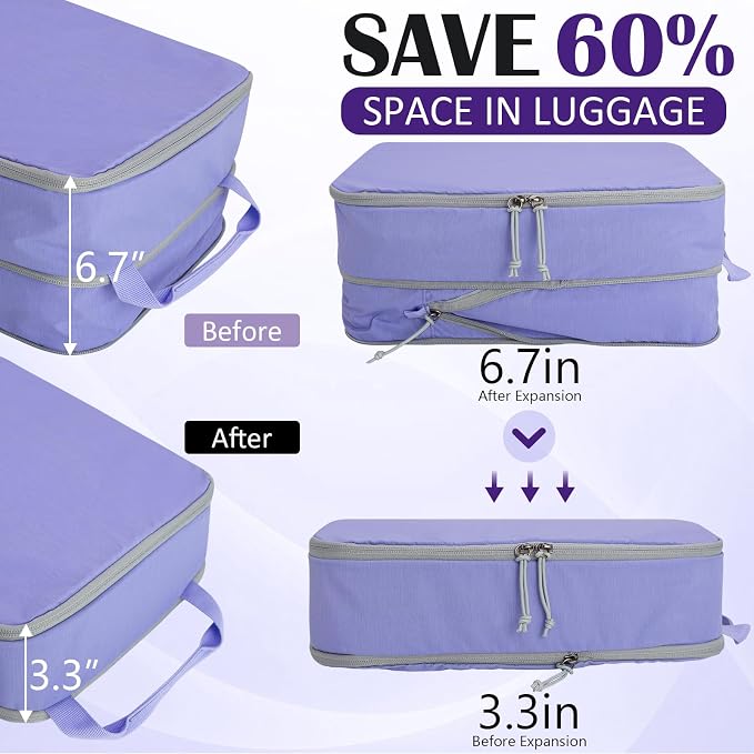 Large Compression Packing Cubes for Travel, 2 Set Compression Bags Travel Cubes for Packing Suitcase Organizer Luggage Organizer Bags Set, Purple - Image 3