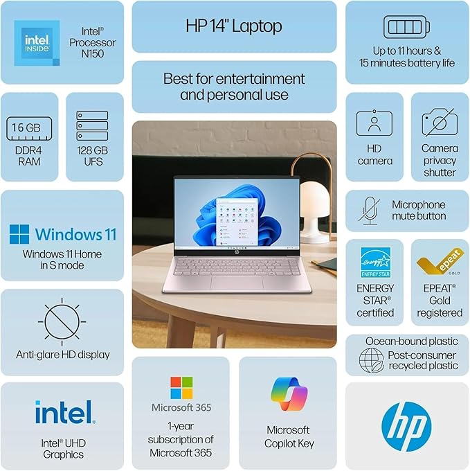 HP 14-Inch Laptop | Thin - Lightweight - Powerful | 8GB RAM | 128GB Storage | 64GB Onboard with 64GB External Storage | 1-Year AI Enabled Microsoft 365 | Intel Pentium Core | Windows 11 with Copilot