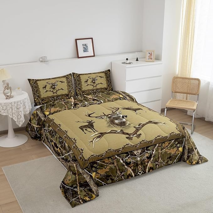 Erosebridal Vintage Deer Comforter Set Full Size Jungle Trees Bedding Set for Teens Youth Western Antler Quilt Farmhouse Animal Patchwork Down Comforter with 2 Pillow Shams Lightweight - Image 3
