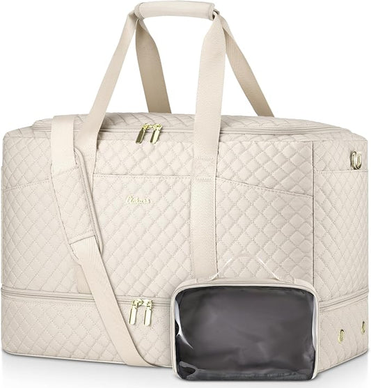 Duffle Bag for Travel, Weekender Bag with Shoe Compartment, Carry On Overnight Bag for Women with Toiletry Bag Duffel Bags with Wet Pocket for Gym Hospital Bags for Labor and Delivery Beige by Unknown
