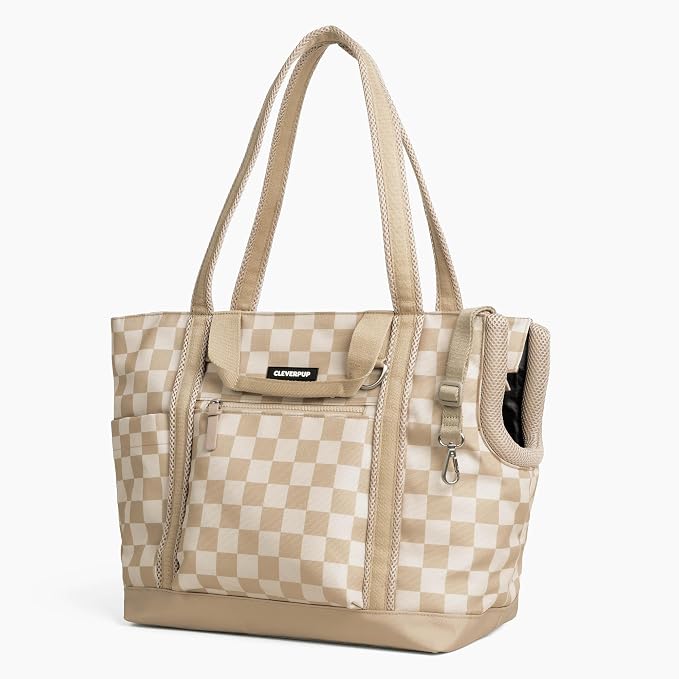 Cleverpup Transit Tote Dog Carrier 4-Piece Set - Premium Lightweight Pet Travel Bag with Plush Teddy Insert, Food Pouch, Air Mesh Opening, Water-Resistant Base & Safety Tether - Medium Checkerboard - Image 9