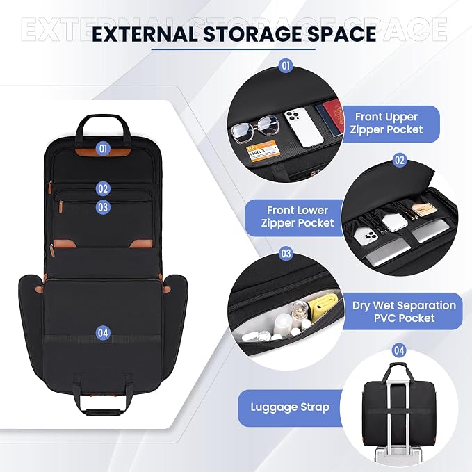 Garment Bags for Travel, Double Layered Carry on Garment Bag with Shoulder Strap, Foldable Suit Travel Bags for Men, Wrinkle Free Garment Travel Bag for Hanging Clothes, Black - Image 3