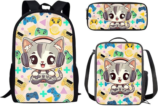 Mumeson Space Cat 17 inch Backpack Bookbags for Student 3 in 1 School Bag Set Lightweight Daypack Backpacks Insulated Thermal Lunch Bag Tote Bag Pencil Storage Pouch Pencase by Mumeson