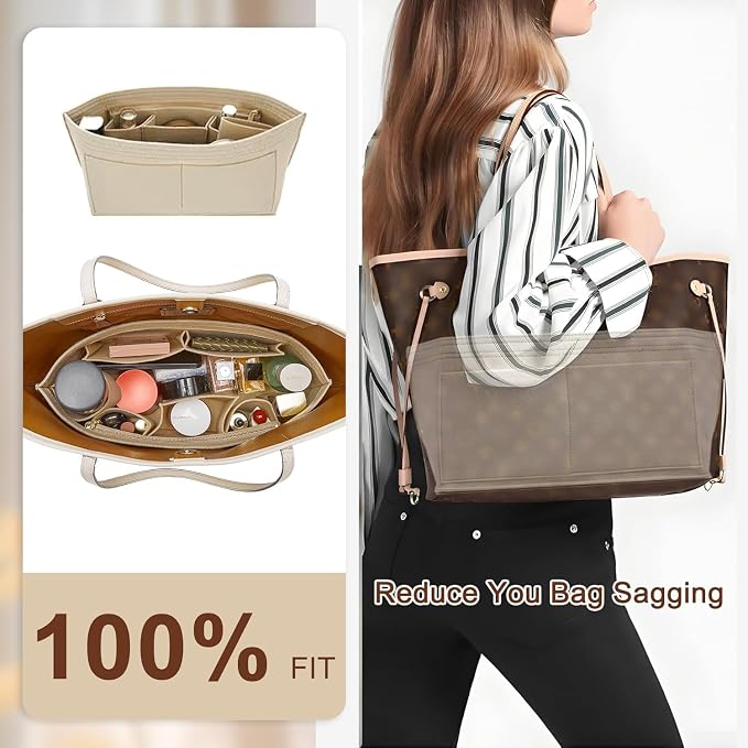 Purse Organizer Insert Compatible with Neverfull GM and More, Felt Zipper Bag Insert Liner with Base Shaper for Women Tote Handbags, Beige, XL - Image 4