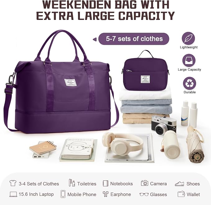 Travel Duffel Bag with Shoes Compartment, Overnight Weekender Bags for Women, Carry on Personal Item Travel Set,Extra Large(Dark Purple) | Overnight Carry-On Bag with Toiletry Bag & Wet Pocket & Trolley Sleeve,Extra Large - Image 3