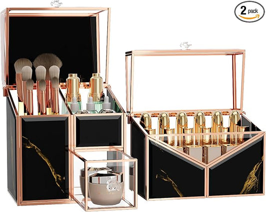 CoralHouse black makeup organizer – Vanity Holder with 18-Slot Lipstick Organizer & Covered Makeup Brush Holder – Skincare, Perfume & Cosmetic Display for Bathroom or Dresser by Coralhouse