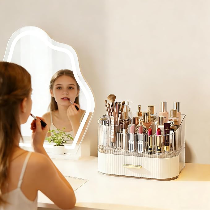 Makeup Organizer with 360° Rotating Brush Holder and Stackable Drawers, Cosmetic Display Case for Vanity, Bathroom Countertop (White, 2 Layer) - Image 5