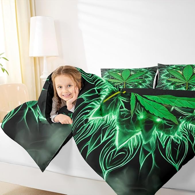 Erosebridal Exotic Leaf Comforter Set, Bohemia Leaves Bedding Set Queen Size, Bohemian Feather Duvet Sets for Kids Girls Teens Adult, Boho Exotic Quilted Duvet for Bedroom, Green - Image 5