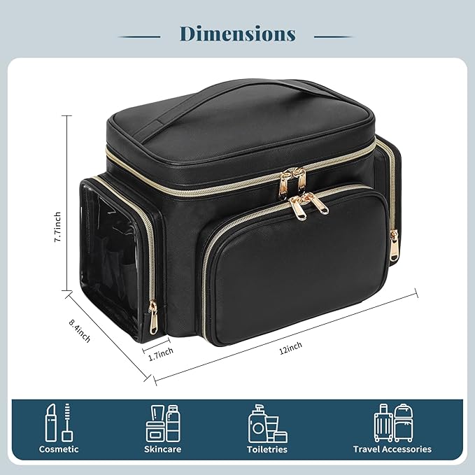 Bagmoly Large Makeup Bag, Portable Travel Makeup Bag Organizer for Women Girls with Makeup Brush Compartment & Two Side Pockets, Cosmetic Travel Bag Vertical Storage Toiletry Bag - Black - Image 6