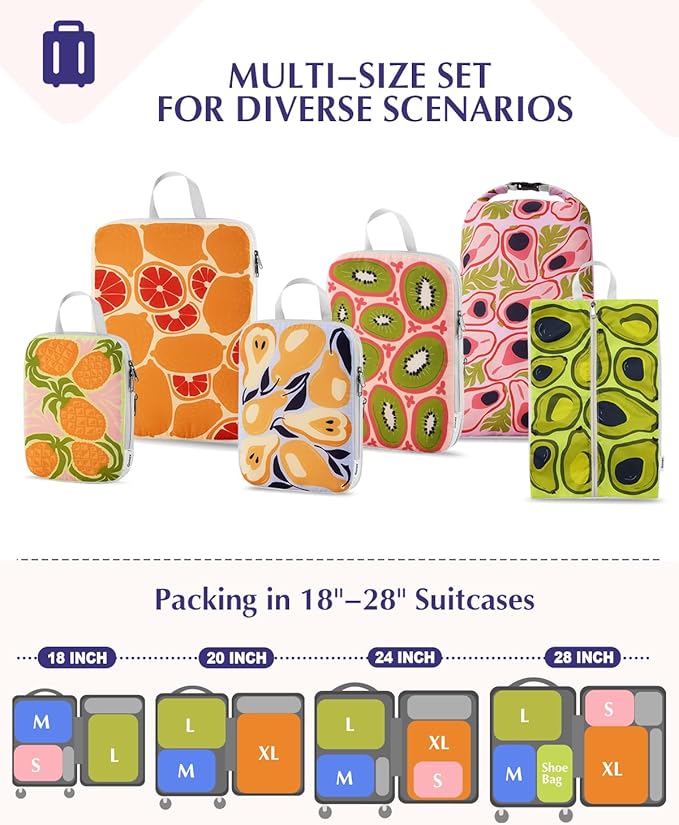 Gonex Compression Packing Cubes, 6pcs Expandable Storage Travel Luggage Bags Organizers with Shoe Bag Laundry Bag, Travel Cubes for Suitcase Carry On (Fruit) - Image 5
