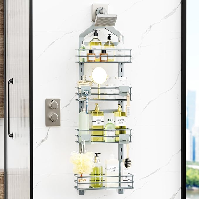 Orimade 4 Tier Adjustable Anti-slip Shower Caddy over Shower Head,Rustproof Bathroom Hanging shower Organizer with 4 Hooks for Razor,No Drilling Shower shelves Storage Rack, Light Grey - Image 2