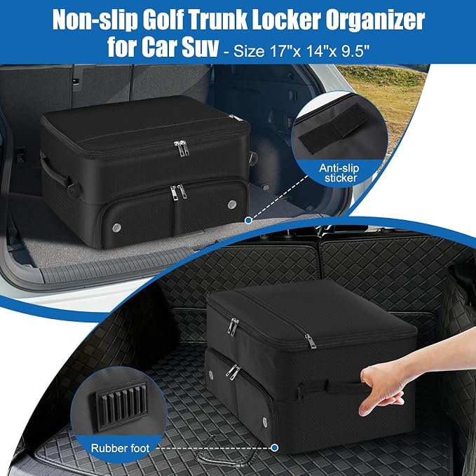 Golf Trunk Organizer for Car SUV with Shoe Compartment & Divider | 2-Layer Golf Storage Bag for Balls, Tees, Accessories | Waterproof Golf Locker Gift for Men, Dad, Golfers - Image 3