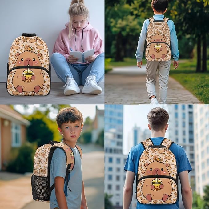 Cute Capybara Backpack for Boys Girls Elementary School Bookbag Satchel 4 Pack Backpacks with Insulated Lunch Bag and Pencil Case Water Bottle Holder Set - Image 3