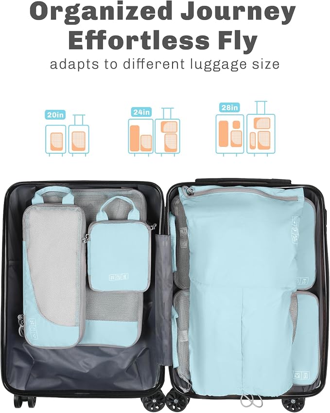 Hynes Eagle 6 Set/ 4 Set/ 2 Set Compression Packing Cubes Travel Essentials Lightweight Nylon Luggage Suitcase Organizer Bag Light Blue 6PCS - Image 3