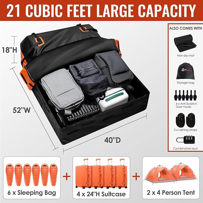 Car Rooftop Cargo Carrier Bag, 21 Cubic Feet 100% Waterproof Heavy Duty 840D Car Roof Bag for All Vehicle with/Without Racks - Anti-Slip Mat, 6 Door Hooks, Storage Bags, 2 Extra Straps, Luggage Lock - Image 4