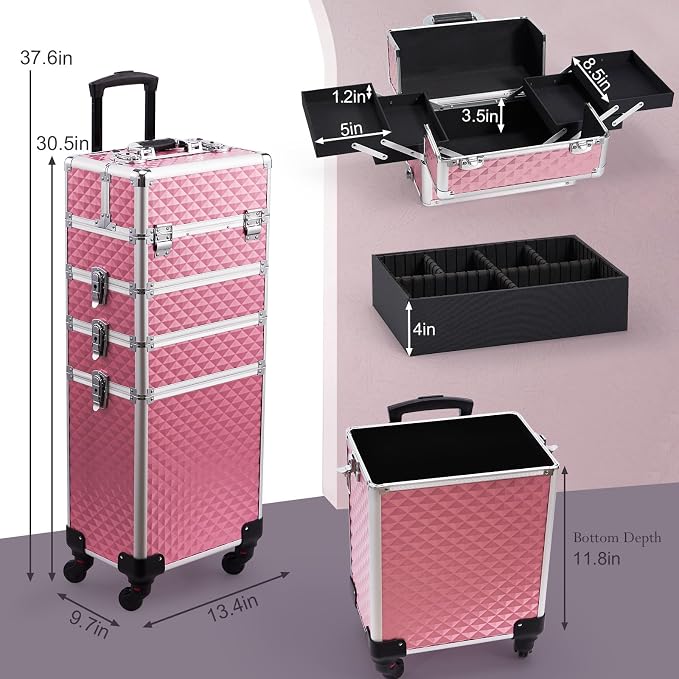 Faquenc Professional 4 in 1 Rolling Makeup Train Case with Wheels Cosmetic Trolley and Cosmetology Cart Trunk for Makeup Artists Hairstylists Nail Techs and Salons Large Capacity Pink - Image 7