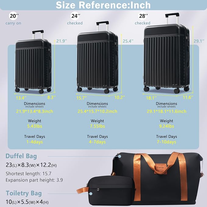 Merax 3 Piece Luggage Sets, Hardside Lightweight Carry on Suitcase | Durable Expandable Luggage with Travel Bags Spinner Wheels and TSA Lock,Black - Image 2