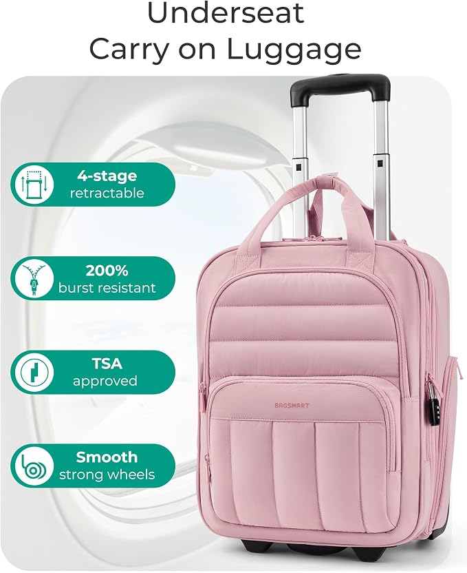 BAGSMART Small Underseat Carry on Luggage with Wheels, 16 inch Small Under Seat Luggage, Lightweight Travel Suitcase for Women, Baby Pink - Image 3