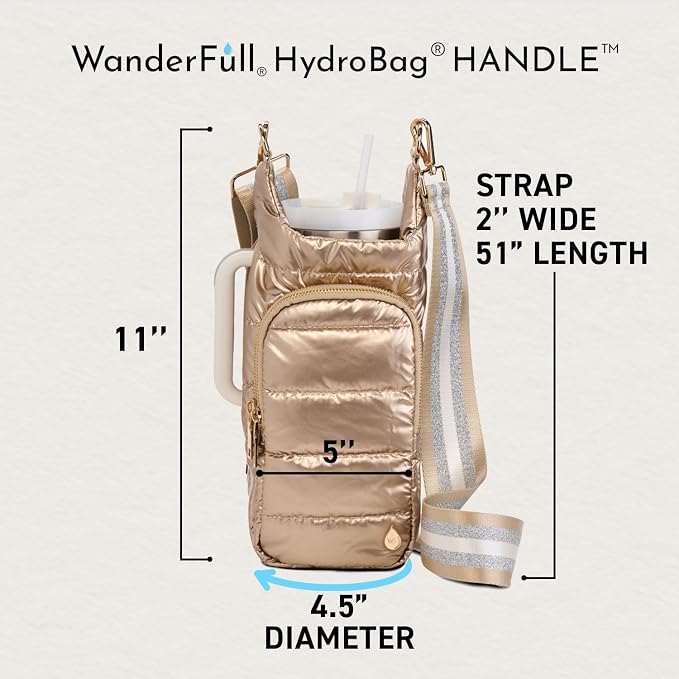 WanderFull Original HydroBag HANDLE®, Zipper for Handle, 40 oz Water Bottle Holder w/Strap, Crossbody Carrier Bag w/Phone Pocket, Tumbler Accessories - Gold Shiny w/Striped Strap - Image 4