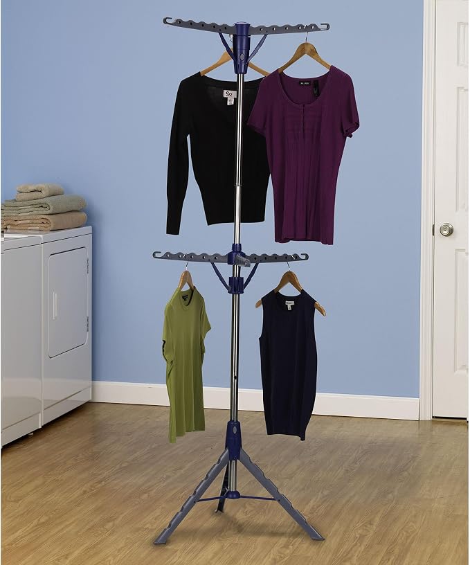 Household Essentials 5012-1 Portable 2-Tier Clothes Drying Rack Tri-pod | Dry Wet Laundry or Hang Clothes | Silver and Blue - Image 4