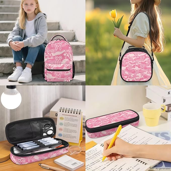 4-Piece Girls Camo Bow School Backpack Set for Kindergarten Elementary Students, Camouflage Pink Ribbon Bookbag and Lunch Bag, Lightweight Water Resistant School Bag - Image 2