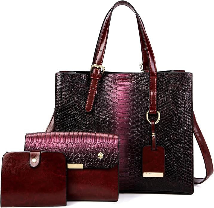 KingTo Women's Crocodile Pattern Satchel Handbags Stylish Tote Handbags crocodile purses for women 3 Pcs Set (B-blue) by KingTo