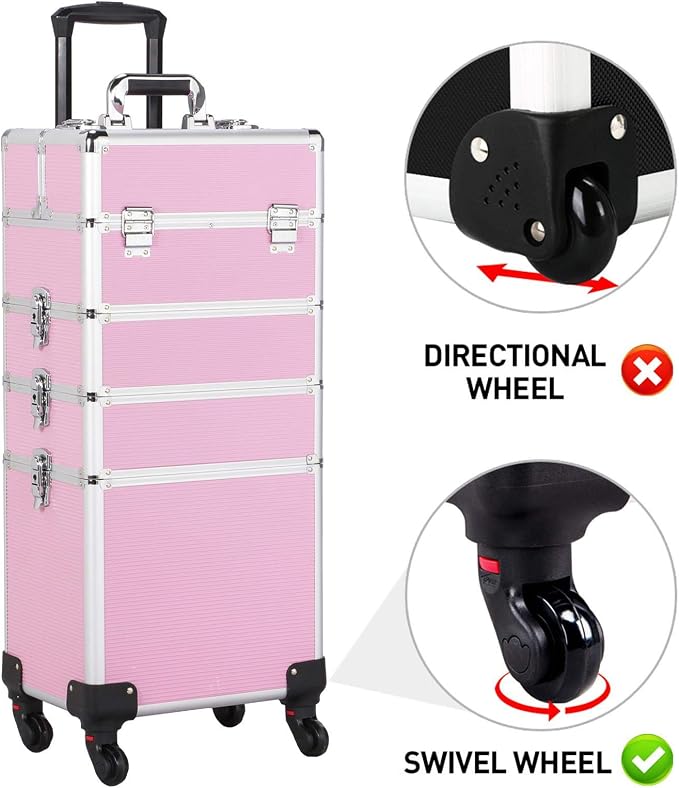 Topeakmart 4-in-1 Cosmetology Case on Wheels Lockable Makeup Trolley Pink | Reinforced with aluminum trim and steel corners, this rolling makeup train case organizes and locks supplies anywhere - Image 4
