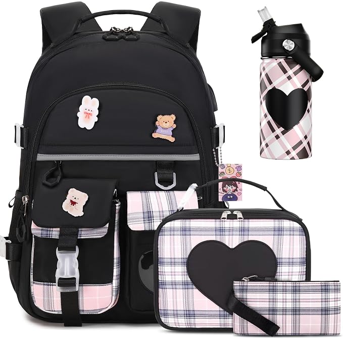 ACESAK Backpack for Girls with Insulated Water Bottle, Bookbag Backpack for Girls Kids, 14oz Kids Water Bottle Stainless Steel, Lunch Bag & Pencial Case, Back To School Gift (Black) by ACESAK