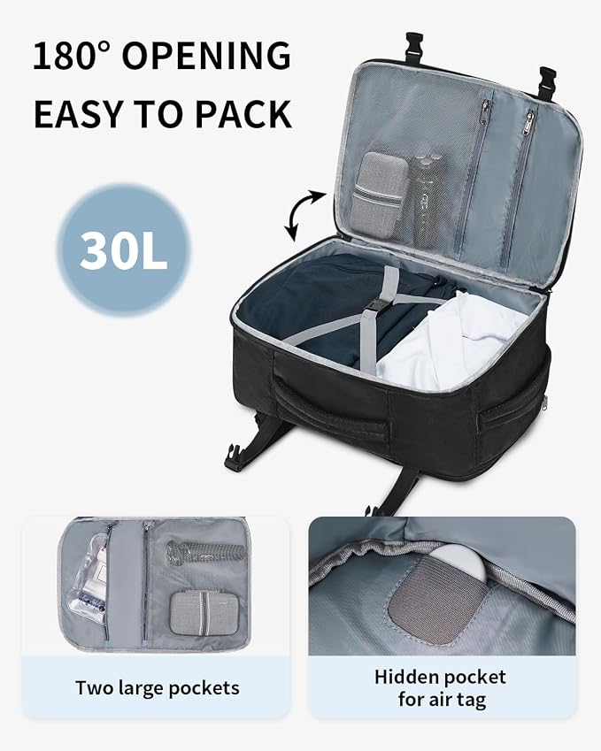 ECOHUB Travel Backpack for Men, 18x14x8 Frontier Airlines Personal Item Bag with Clear Toiletry Bag, Laptop Carry on Backpack with USB Port, Airline Approved Under Seat 14 Pockets 30L, Black - Image 4