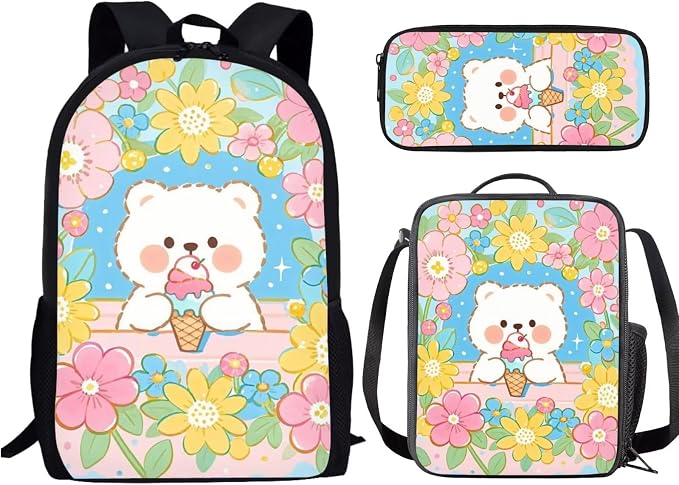 Forchrinse Bear Backpack with Lunch Box Cute School Backpacks for Girls 8-7 10-12 and Lunchbox 17 Inch Large Capacity Primary School Bag Lunch Bag Pencil Case, 3-in-1 by Forchrinse