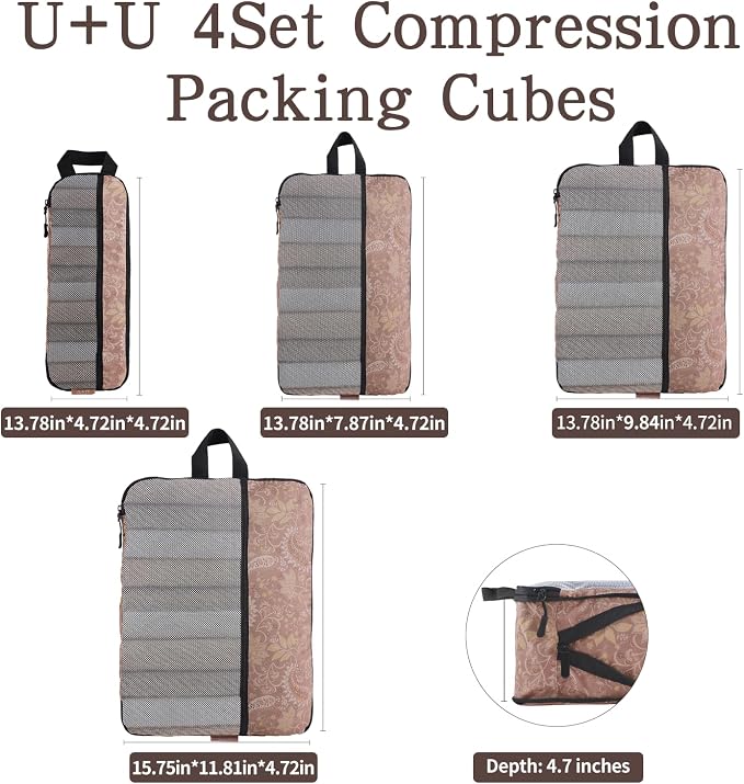 U+U 4 Set Compression Packing Cubes - Ultralight Travel Organizers, Space-Saving Suitcase Organizer, Expandable Packing Cubes for Travel and Family Vacation (Paisley Pattern) - Image 5
