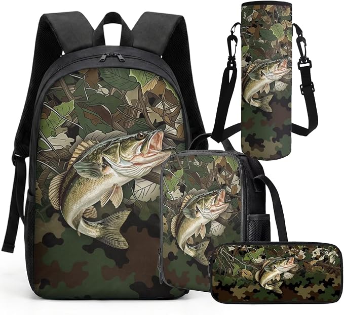 GIFTPUZZ 4 Piece Hunting Camo Deer Fish American Flag Backpack Set for Kids | Patriotic Bookbag with Lunch Box for Boys Elementary School, Zip up Pencil Pouch, Water Bottle Sleeve, Summer Camp, Ages 6-8 - Image 8
