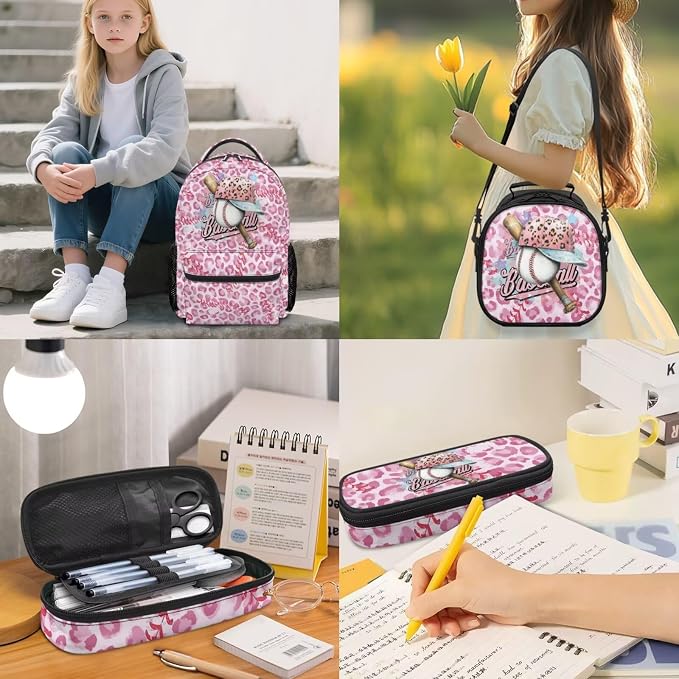 Pink Leopard Baseball Cap Backpack Set, Lightweight School Bag with Insulated Lunch Bag & Pencil Case and Dinosaur Charm for Girls Kids Sports School 17 Inch Casual Daypack - Image 2