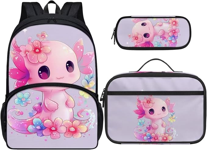 Axolotl Backpack for Girls 9-10 with Lunch Box Primary School Bag and Lunch Bag Set 3 Piece Cute Book Bags for Middle School Lunchbox Pencil Case by Dremagia