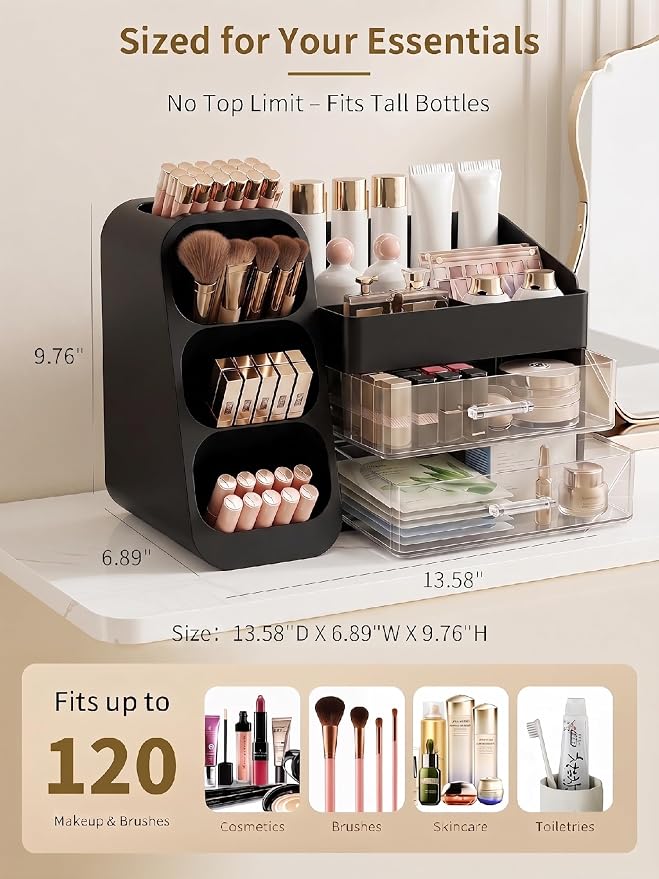 Booklov Makeup Organizer for Vanity, Large Capacity Cosmetic Display Case with Drawers, Countertop Beauty Storage Holder for Skincare, Brush Eyeliner Perfume Eyeshadow Lipsticks, Counter Desk, Black - Image 2
