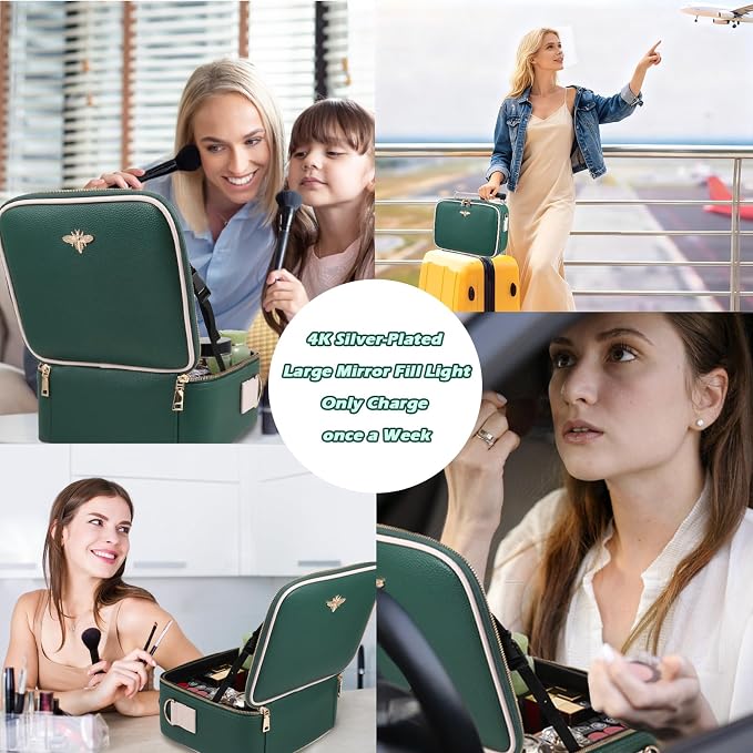 Travel Makeup Bag with Light Up Mirror, Portable Makeup Bag with Led Light Women Waterproof Makeup Travel Case adjustable dividers Rechargeable Vanity Mirror with 3 Color Lights (Green) - Image 7